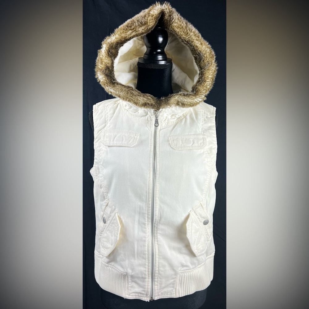 LOFT Cream Corduroy Hooded Vest w Detachable Faux Fur Trim | Size Small